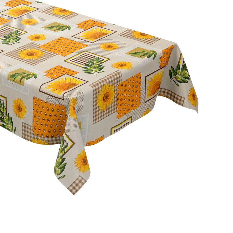 Wachstuch Tischdecke K247A beige Sonnenblumen Oliven kariert Patchwork eckig rund oval