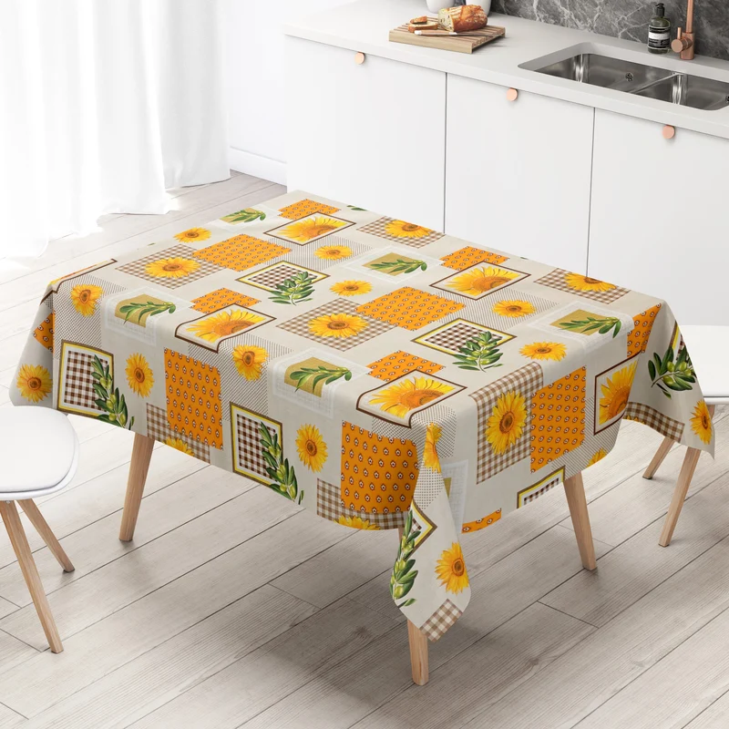 Wachstuch Tischdecke K247A beige Sonnenblumen Oliven kariert Patchwork eckig rund oval
