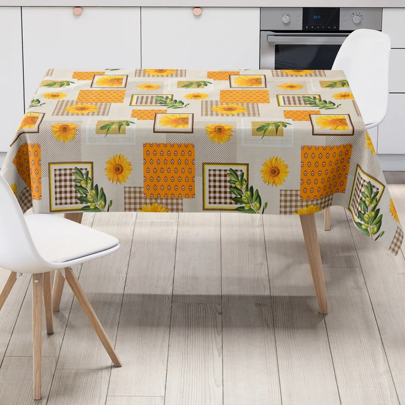 Wachstuch Tischdecke K247A beige Sonnenblumen Oliven kariert Patchwork eckig rund oval