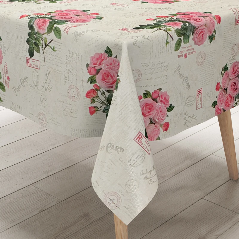 Wachstuch Tischdecke K198A beige rosa Rosen Blüten Blumen Postkarte eckig rund oval