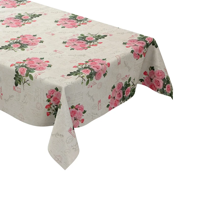 Wachstuch Tischdecke K198A beige rosa Rosen Blüten Blumen Postkarte eckig rund oval