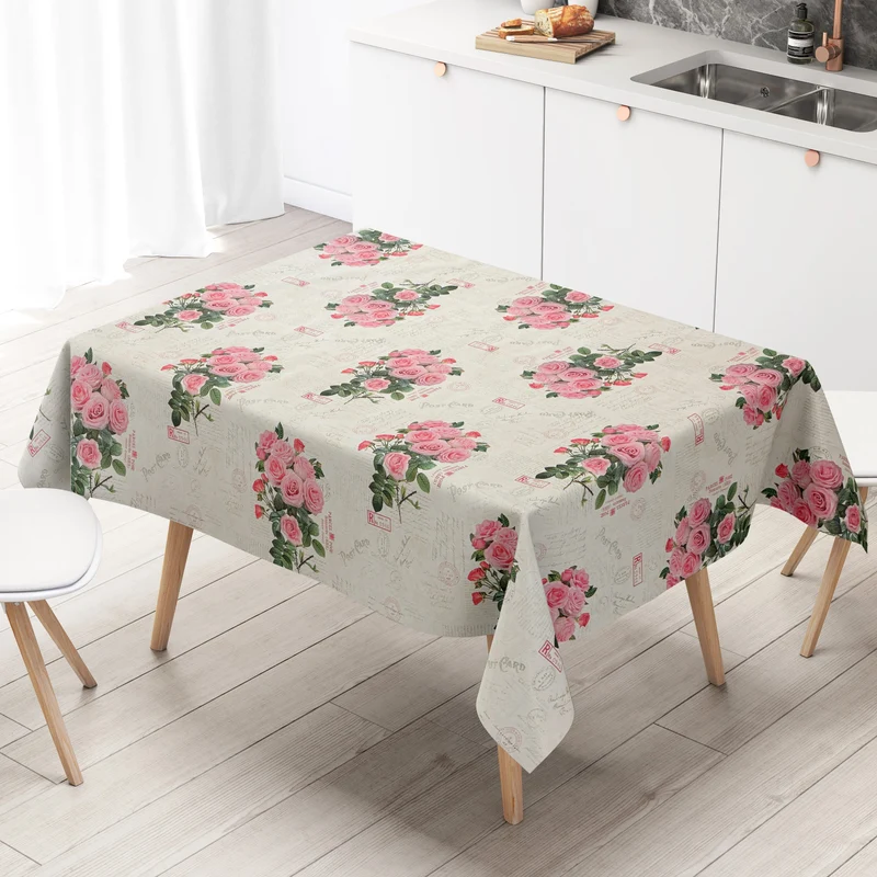 Wachstuch Tischdecke K198A beige rosa Rosen Blüten Blumen Postkarte eckig rund oval