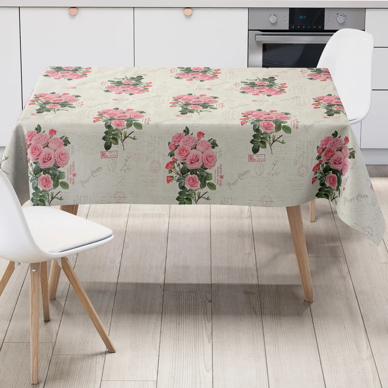 Wachstuch Tischdecke K198A beige rosa Rosen Blüten Blumen Postkarte eckig rund oval