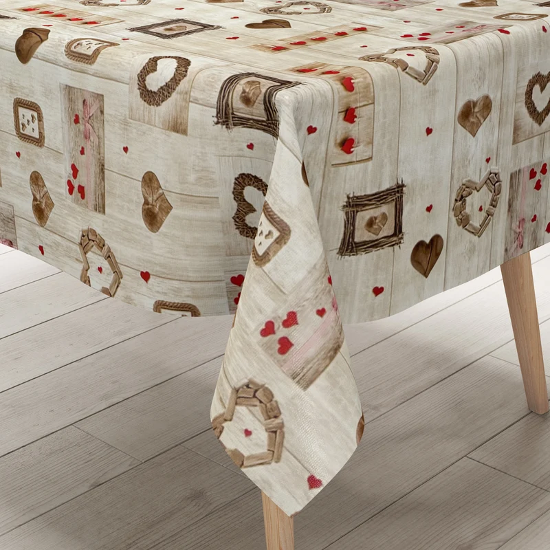Wachstuch Tischdecke 108A beige Holzdielen Herzen eckig rund oval