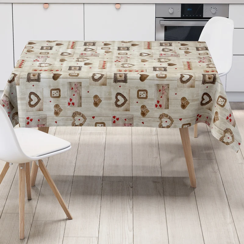 Wachstuch Tischdecke 108A beige Holzdielen Herzen eckig rund oval