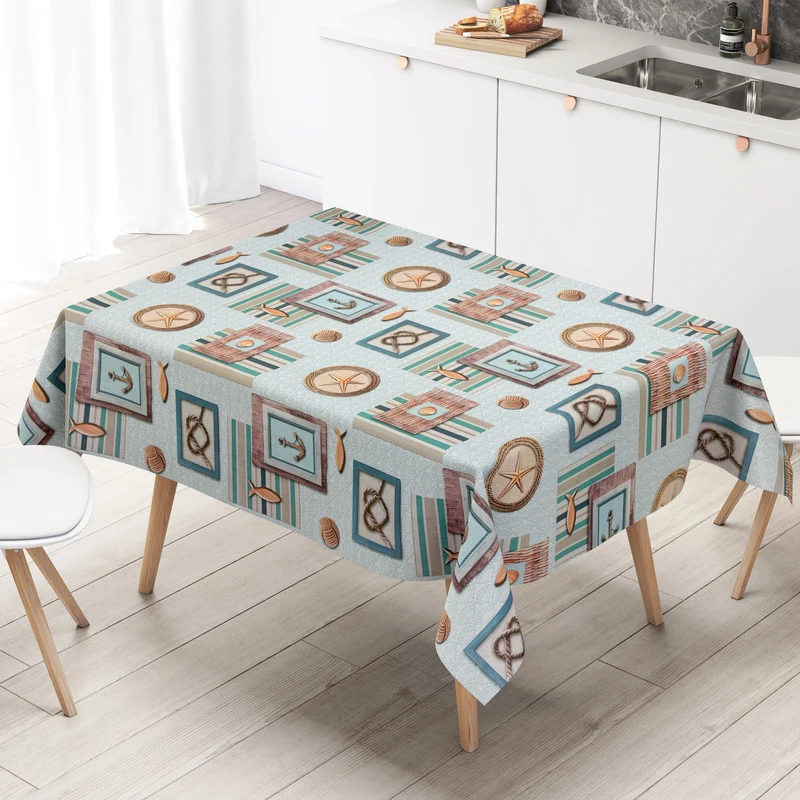 Wachstuch Tischdecke 160 cm Breite Übergröße P8142-1 maritim Muschel Anker eckig rund oval