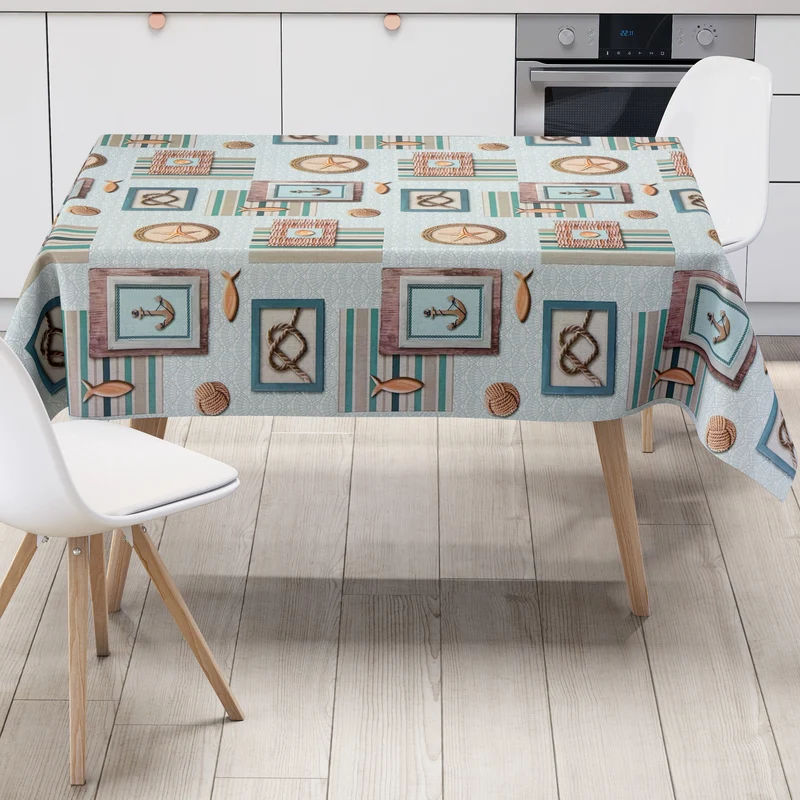 Wachstuch Tischdecke 160 cm Breite Übergröße P8142-1 maritim Muschel Anker eckig rund oval