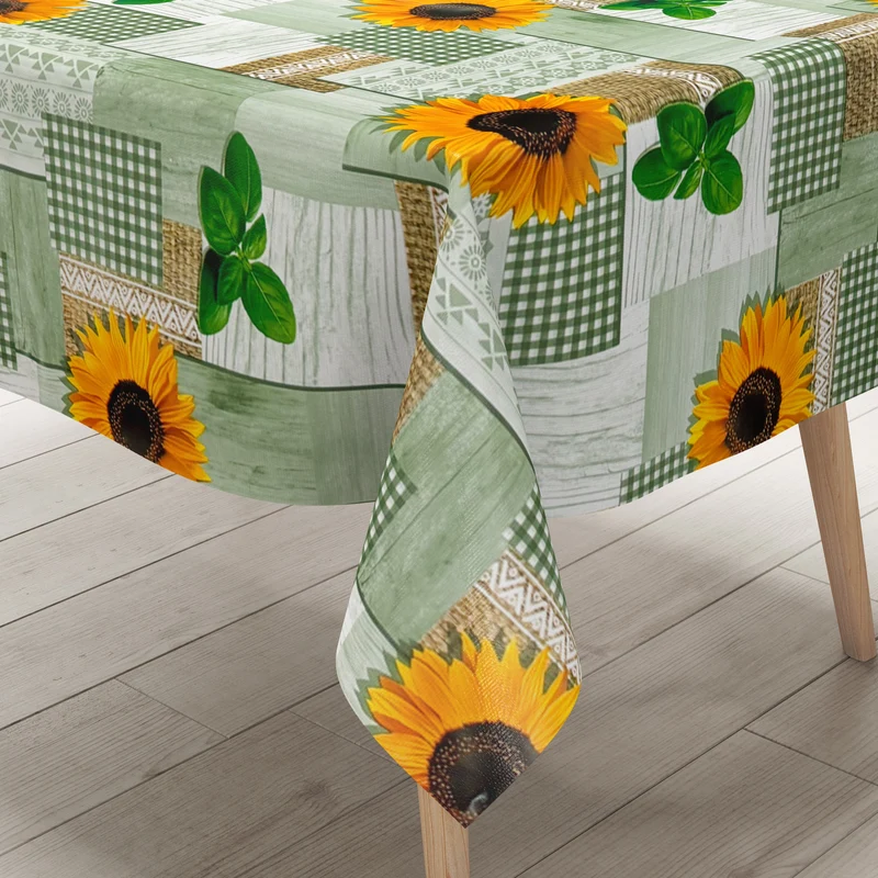 Wachstuch Tischdecke 160 cm Breite Übergröße PC130-2 grün Sonnenblumen Holz eckig rund oval