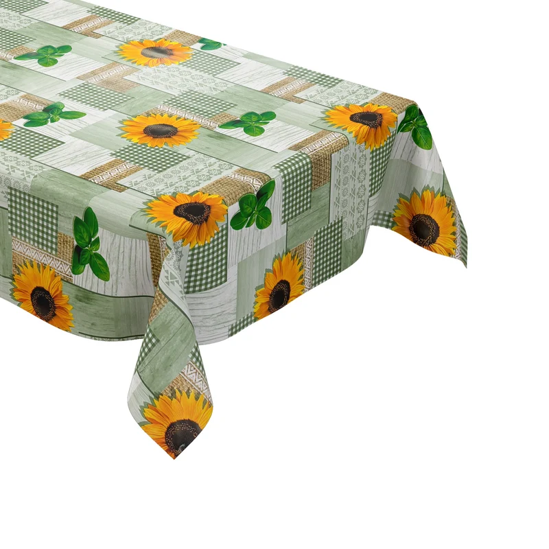 Wachstuch Tischdecke 160 cm Breite Übergröße PC130-2 grün Sonnenblumen Holz eckig rund oval