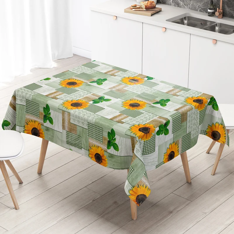 Wachstuch Tischdecke 160 cm Breite Übergröße PC130-2 grün Sonnenblumen Holz eckig rund oval