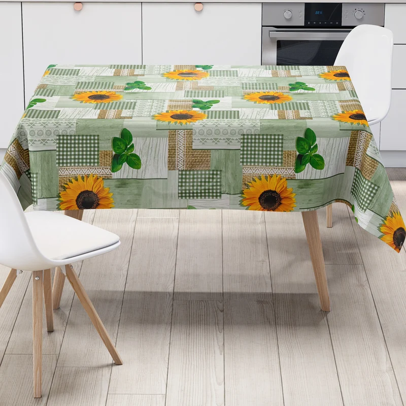 Wachstuch Tischdecke 160 cm Breite Übergröße PC130-2 grün Sonnenblumen Holz eckig rund oval