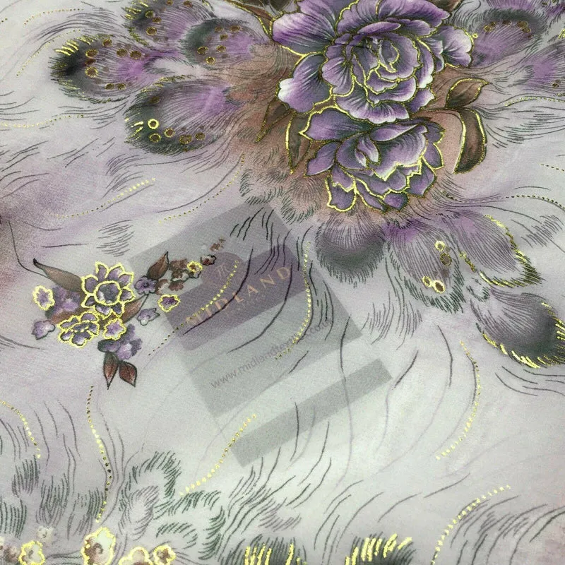 Floral Gold foil Printed Satin & Chiffon Dress Fabric 111 cm MA1186 Mtex