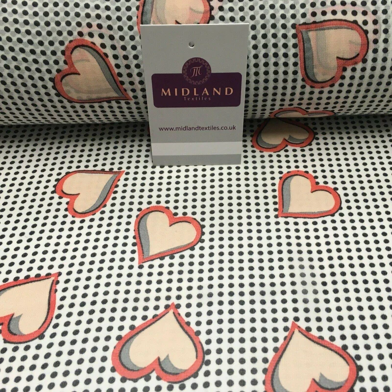 White Coral Heart Spot Printed Crepe chiffon Dress Fabric 150 cm MK1190-24 Mtex