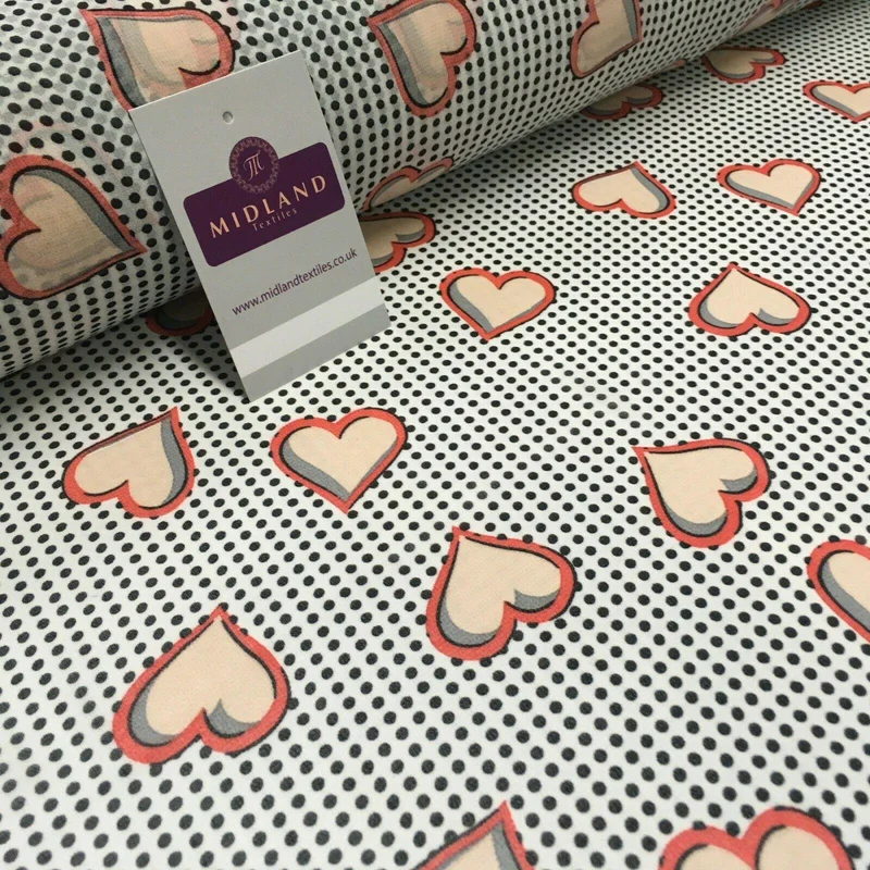 White Coral Heart Spot Printed Crepe chiffon Dress Fabric 150 cm MK1190-24 Mtex