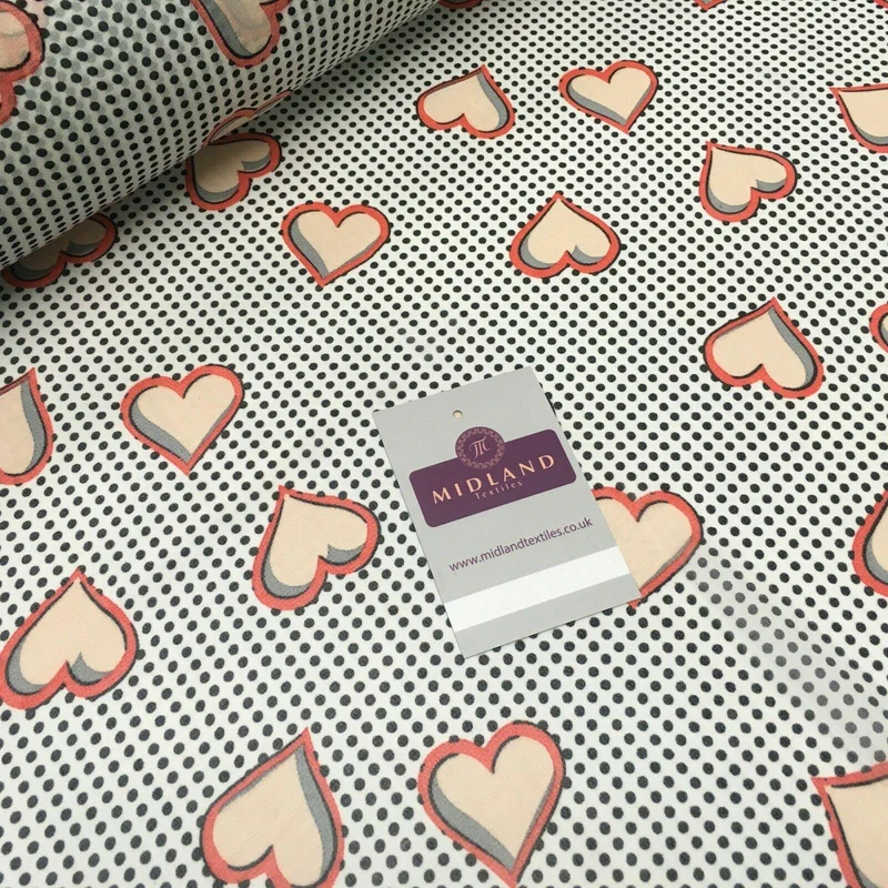 White Coral Heart Spot Printed Crepe chiffon Dress Fabric 150 cm MK1190-24 Mtex