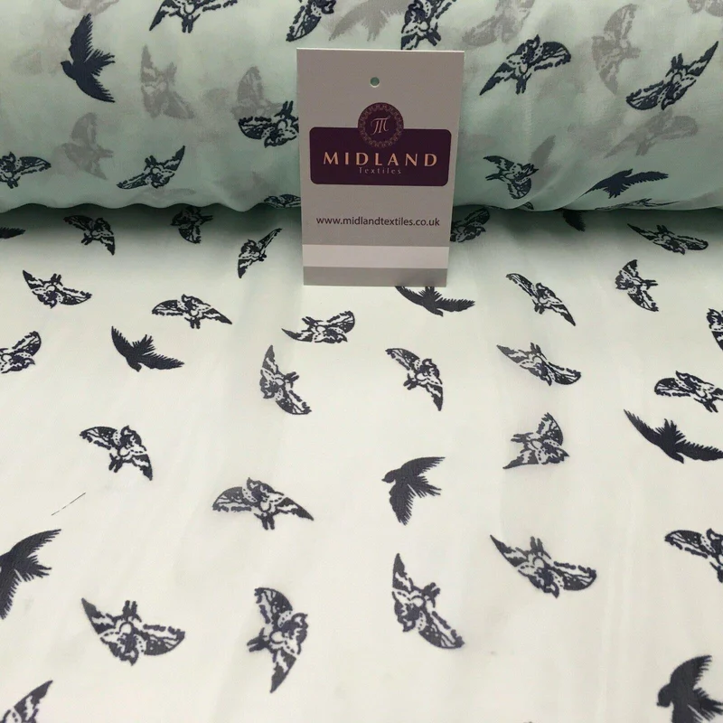 Mint Bird silhouette Printed Crepe chiffon Dress Fabric 150 cm MK1190-20
