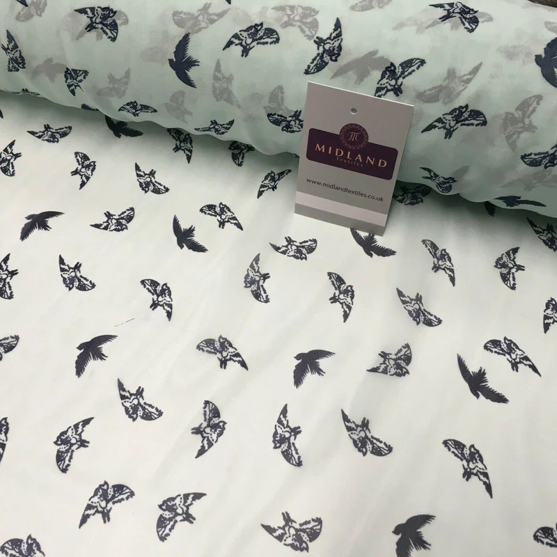 Mint Bird silhouette Printed Crepe chiffon Dress Fabric 150 cm MK1190-20
