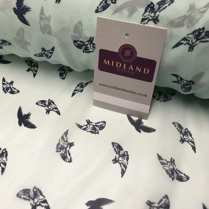 Mint Bird silhouette Printed Crepe chiffon Dress Fabric 150 cm MK1190-20