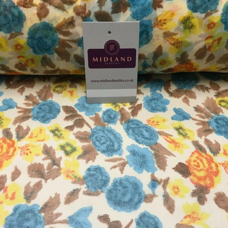 Cream & Turquoise Floral Printed Crepe chiffon Dress Fabric 150 cm MK1190-33
