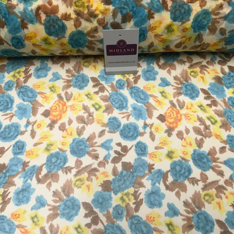 Cream & Turquoise Floral Printed Crepe chiffon Dress Fabric 150 cm MK1190-33