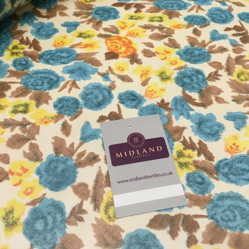 Cream & Turquoise Floral Printed Crepe chiffon Dress Fabric 150 cm MK1190-33