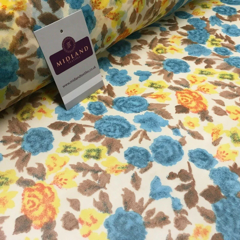 Cream & Turquoise Floral Printed Crepe chiffon Dress Fabric 150 cm MK1190-33