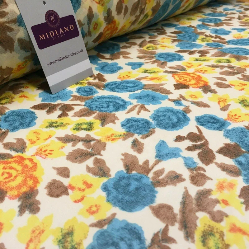 Cream & Turquoise Floral Printed Crepe chiffon Dress Fabric 150 cm MK1190-33