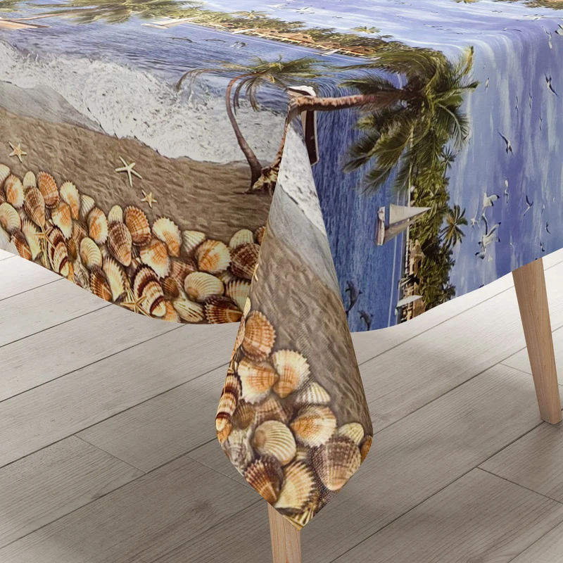 Wachstuch Tischdecke Bordürenmuster K12A Bahamas Palmen Delfine Muscheln Strand eckig rund oval