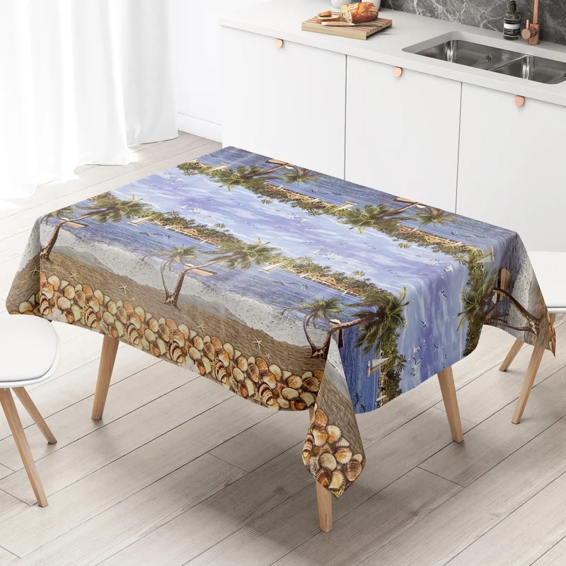 Wachstuch Tischdecke Bordürenmuster K12A Bahamas Palmen Delfine Muscheln Strand eckig rund oval