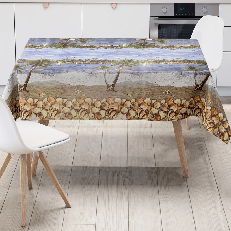 Wachstuch Tischdecke Bordürenmuster K12A Bahamas Palmen Delfine Muscheln Strand eckig rund oval