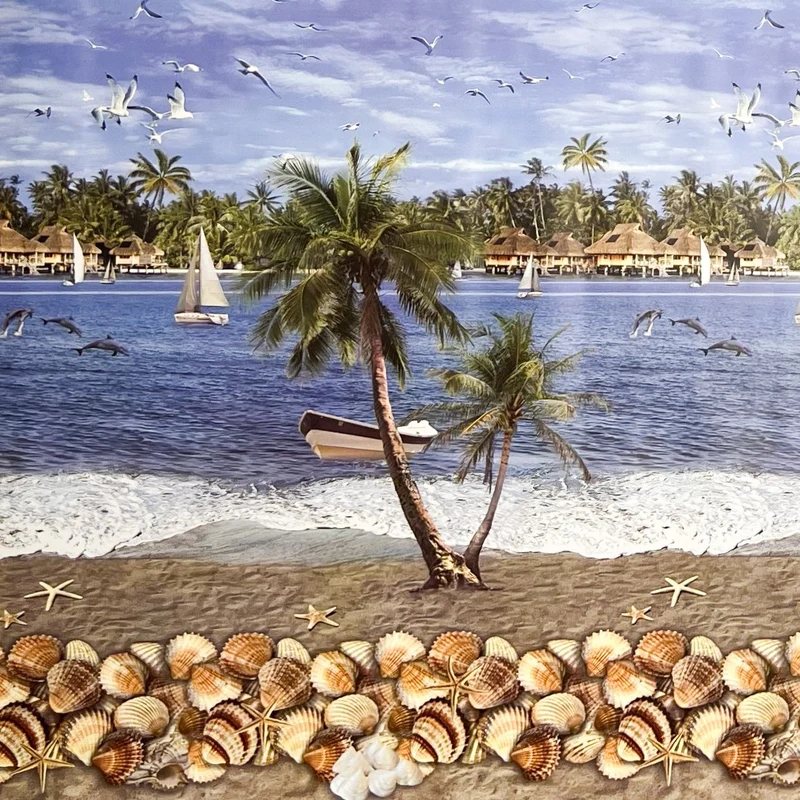 Wachstuch Tischdecke Bordürenmuster K12A Bahamas Palmen Delfine Muscheln Strand eckig rund oval