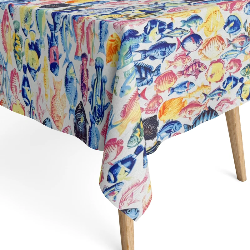 Jacquard Tischdecke beschichtete Baumwolle Fleckenschutz KAREKARE maritim bunte Fische eckig rund oval