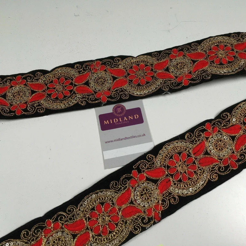 60mm Black embroidered Velvet border edging bridal saree M1341