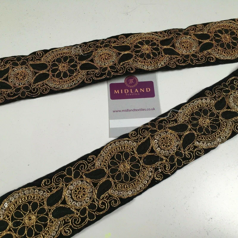 60mm Black embroidered Velvet border edging bridal saree M1341