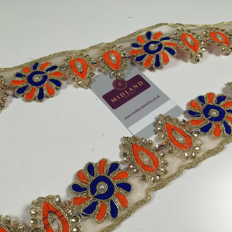 50mm wide Gold Organza Floral Embroided Pearl border saree edging M1346