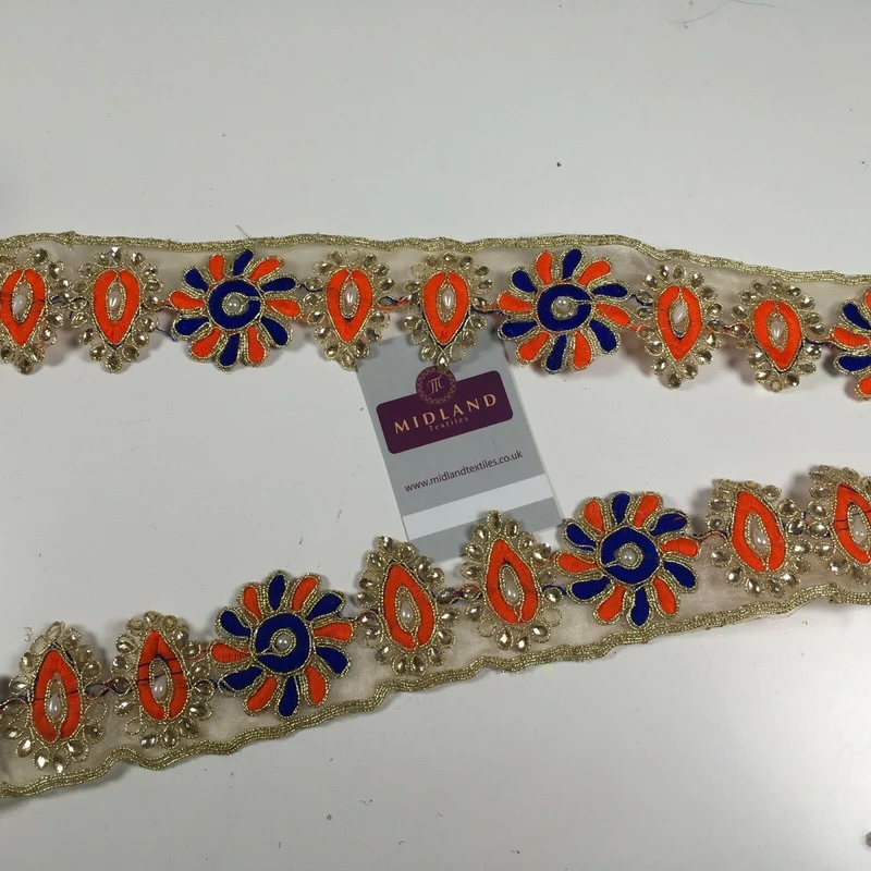50mm wide Gold Organza Floral Embroided Pearl border saree edging M1346