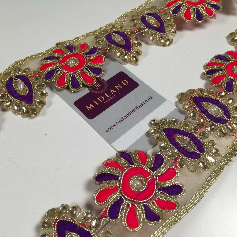 50mm wide Gold Organza Floral Embroided Pearl border saree edging M1346