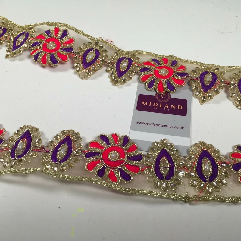 50mm wide Gold Organza Floral Embroided Pearl border saree edging M1346