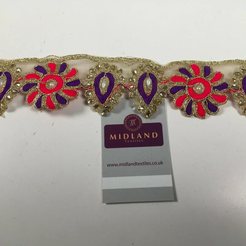 50mm wide Gold Organza Floral Embroided Pearl border saree edging M1346
