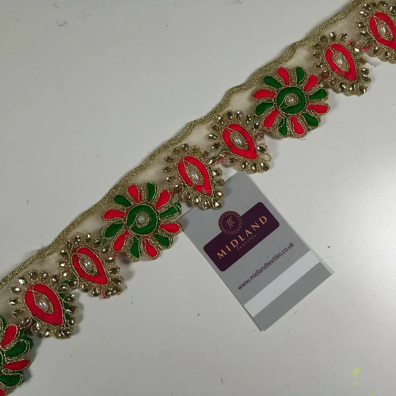 50mm wide Gold Organza Floral Embroided Pearl border saree edging M1346