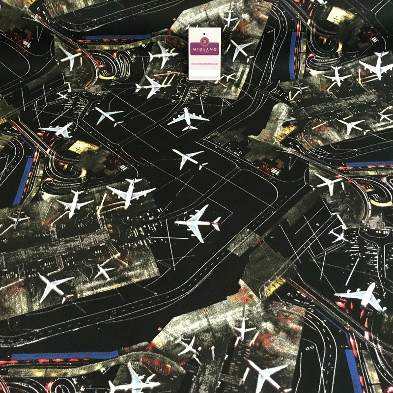 Black Airport Landing Aeroplanes 100% Cotton Canvas Fabric 150 cm Wide MK856-17