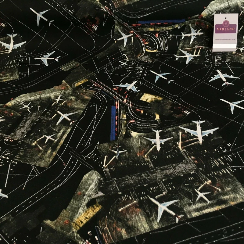 Black Airport Landing Aeroplanes 100% Cotton Canvas Fabric 150 cm Wide MK856-17