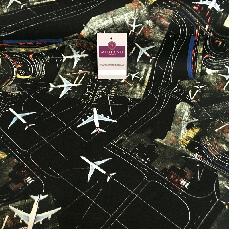Black Airport Landing Aeroplanes 100% Cotton Canvas Fabric 150 cm Wide MK856-17