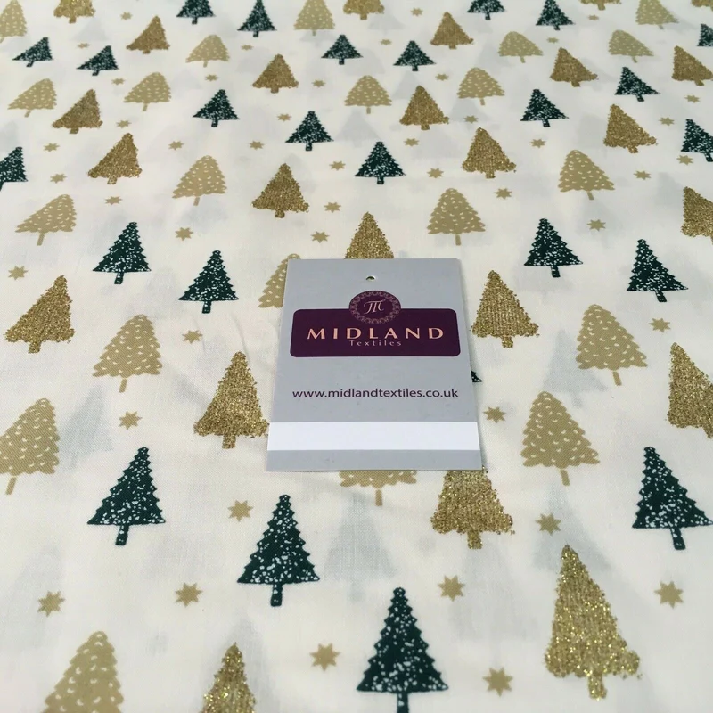 Christmas tree gold glitter lacquer Xmas Cotton fabric 150cm Wide MD1162 Mtex