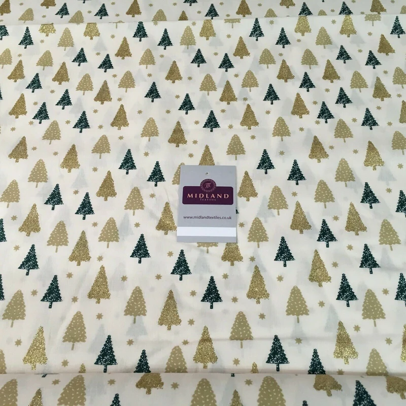 Christmas tree gold glitter lacquer Xmas Cotton fabric 150cm Wide MD1162 Mtex