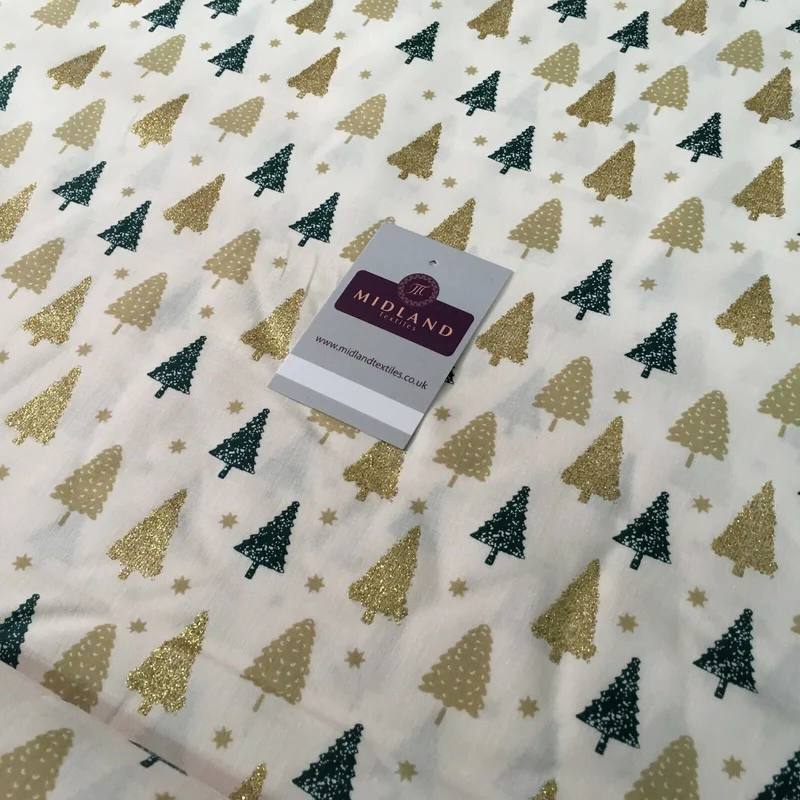 Christmas tree gold glitter lacquer Xmas Cotton fabric 150cm Wide MD1162 Mtex