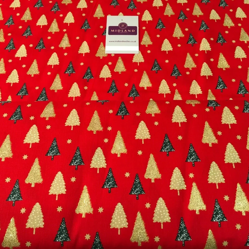 Christmas tree gold glitter lacquer Xmas Cotton fabric 150cm Wide MD1162 Mtex