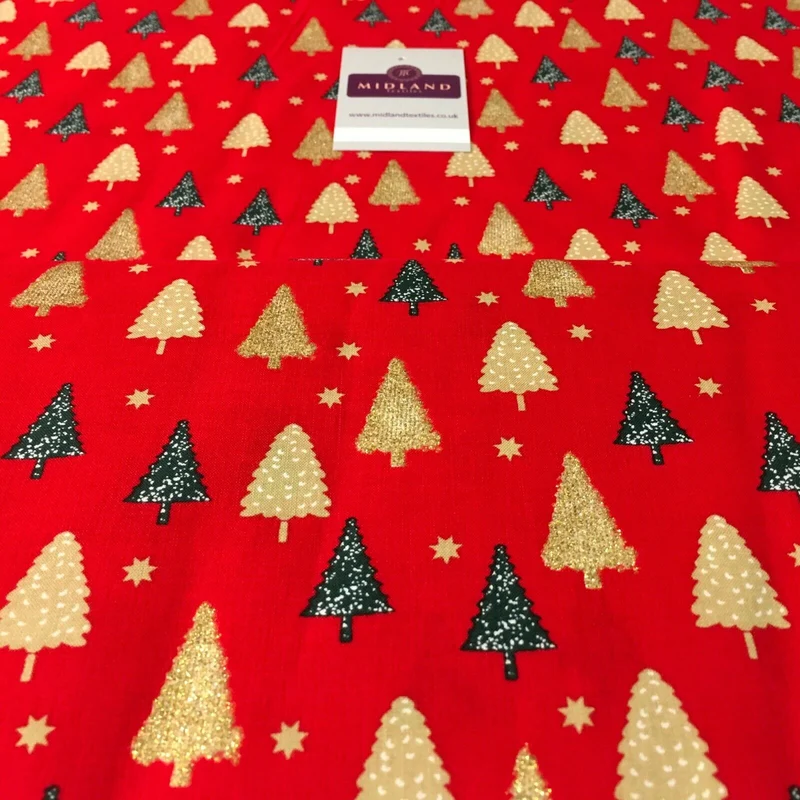 Christmas tree gold glitter lacquer Xmas Cotton fabric 150cm Wide MD1162 Mtex