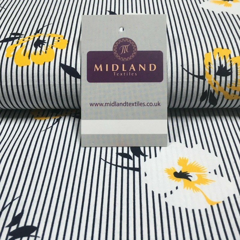 Navy Stripped Flower Floral Printed Cotton Poplin Fabric 110 cm MK1262 Mtex