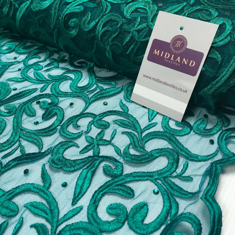 Double scalloped Thread embroidered Net with stones Fabric 139 cm M1249 Mtex